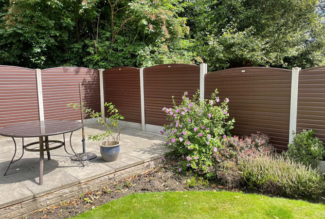 Chestnut Brown Bow Top composite UPVC fence panels